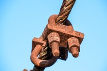 Fastening Clamp On The Steel Cable Of The Bridge