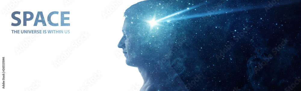Silhouette of a man with the space as a brain isolated on white background. The universe is within us, flying asteroid is a symbol of human thinking.  Elements of this image furnished by NASA. - obrazy, fototapety, plakaty 