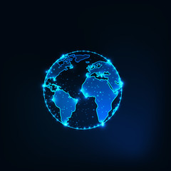 Wall Mural - futuristic glowing planet earth globe silhouette outline with stars on dark blue background.