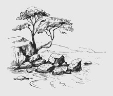 Sea Sketch With Rocks, Pine Tree And Mountains. Hand Drawn Illustration Converted To Vector