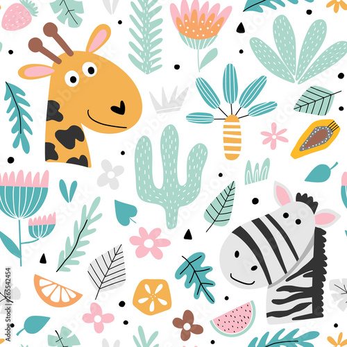 Kids background with zebra and giraffe Canvas Print