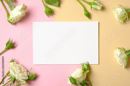 Blank Paper Card And Frame Border Of Roses Flower On Pastel