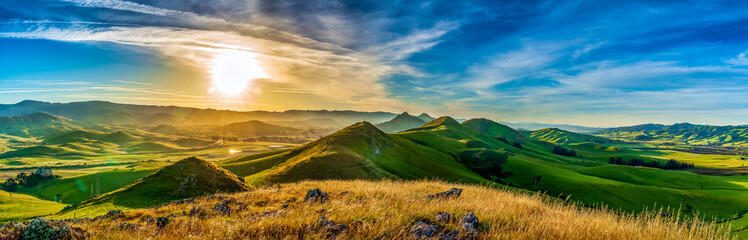 Poster - Panorama of Hills of Grass at Sunrise