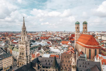 Wall Mural - Aerial view on Marienplatz town hall and Frauenkirche in Munich, Germany 