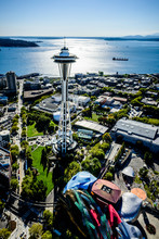 Aerial View Of Space Needle In Seattle Cityscape, Washington, United States