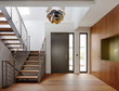 © Mint Images - Plank floor and walnut wall covering in home near staircase