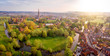 Aerial view of Salisbury cathedral in the spring morning