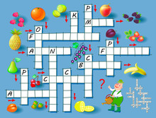 Crossword Puzzle Game With Fruits. Educational Page For Children For Study French Language And Words. Printable Worksheet For Kids Textbook. Back To School. Vector Cartoon Image.