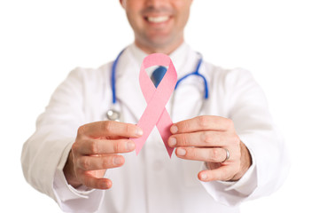 Wall Mural - Happy Doctor Holding Breast Cancer Awareness Ribbon