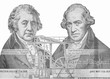 Matthew Boulton and James Watt, portrait from England money 50 Pounds Banknote. Close Up UNC Uncirculated - Collection.