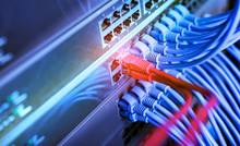 Blue And Red Network Cables Connected To Switch In Data Center