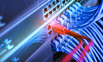 blue and red network cables connected to switch in data center