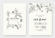 © momosama - Minimalist wedding invitation card template design, floral black line art ink drawing with square frame on light grey