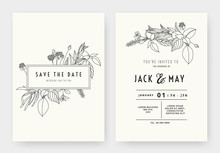 Minimalist Wedding Invitation Card Template Design, Floral Black Line Art Ink Drawing With Rectangle Frame On Light Grey
