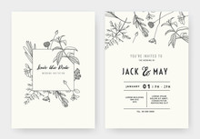 Minimalist Wedding Invitation Card Template Design, Floral Black Line Art Ink Drawing With Square Frame On Light Grey