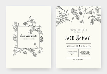 minimalist wedding invitation card template design, floral black line art ink drawing with square fr