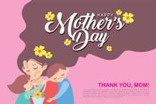 Happy Mother's Day Template Design Or Copy Space. Hand Drawn Mother, Son & Daughter With Flowers On Pink Polka Dot Background In Flat Vector Illustration. Cartoon Mom Together With Children.
