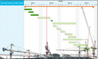 abstract business background of construction site with tower cranes and overlay with project schedule chart and gantt chart