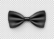 Stylish black bow tie from satin material. Gentleman accessory isolated on transparent background. Realistic formal wear for official event. Elegant clothes object from silk vector illustration.