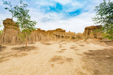 Landscape Of Soil Textures Eroded Sandstone Pillars, Columns And Cliffs, "Sao Din Na Noi" At Sri Nan National Park In Nan Province, Thailand