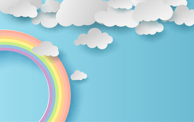 3d illustration summer season landscape with a rainbow on blue sky background. cloudscape on clean a