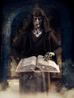 Creepy undead wizard in a hooded robe holding a book of spells. 3D render.