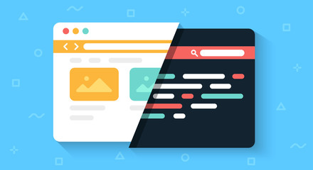 Colorful web browser window isolated. Design and code. Web development. Simple design detailed icon. Colorful template. Realistic concept. Beautiful background. Flat style cartoon vector illustration.