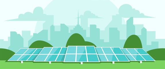 Solar energy. Solar batteries in the middle of a green field. City silhouette on the back. Clear modern design. Simple design template. Beautiful background. Flat style vector illustration.