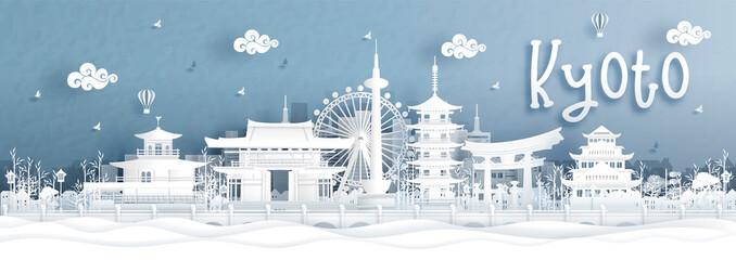 Wall Mural - panorama view of kyoto city skyline with world famous landmarks of japan in paper cut style vector i