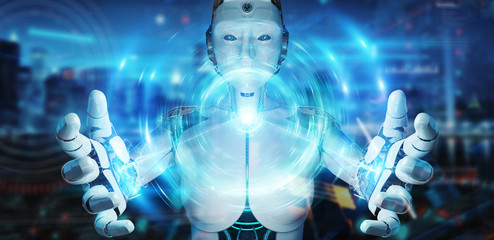 Wall Mural - white humanoid robot creating new futuristic energy power source 3d rendering