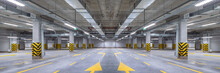 Empty Shopping Mall Underground Parking Lot Or Garage Interior With Concrete Stripe Painted Columns
