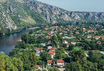 Canvas Print - Aerial view on Pocitelj village in Capljina municipality with Neretva river, Bosnia and Herzegovina