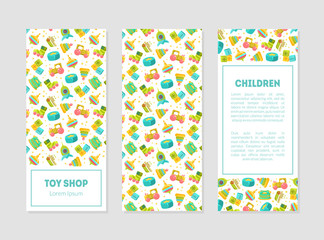 Canvas Print - Toy Shop Banner Templates with Cute Baby Toys Pattern and Place for Text, Design Element Can Be Used for Card, Label, Invitation, Certificate, Flyer, Coupon Vector Illustration