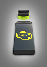 Car diagnostic concept Close up of OBD2 wireless scanner with smartphone on gray gradient background 3d illustration