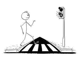 Canvas Print - Cartoon stick figure drawing conceptual illustration of man walking on crosswalk or pedestrian crossing while green light is on on stoplights.