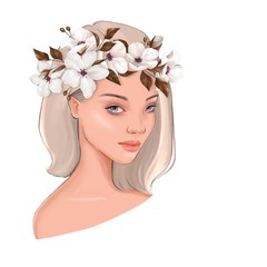 Wall Mural - Beautiful girl in white wreath. Female face, digital painting
