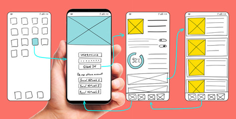 UI development. Male hand holding smartphone with wireframed user interface screen prototypes of a mobile application on white background.
