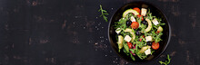 Green Salad With Sliced Avocado, Cherry Tomatoes, Black Olives And Cheese. Healthy Diet Vegetarian Summer Vegetable Salad. Table Setting. Food Concept. Banner. Top View.