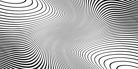 Wave monochrome background. Simple linear halftone  texture. Vector black & white background. Abstract dynamical rippled surface. Visual  3D effect. Illusion of movement.