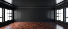 Empty Room With Black Wall Background Wooden Floor, Living Room - 3D Rendering