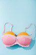 © LIGHTFIELD STUDIOS - top view of bra with two oranges on blue with copy space, breasts concept