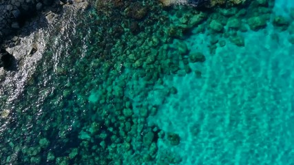 Wall Mural - Aerial view of crystal clear blue water in quiet lagoon on shore of Cyprus