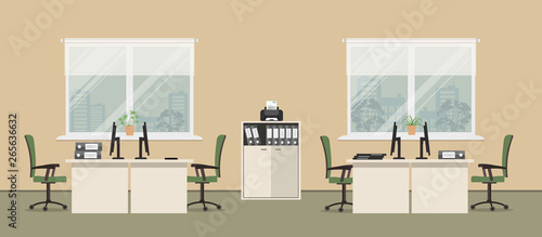 Office Room In A Beige Color There Are Tables Green Chairs A