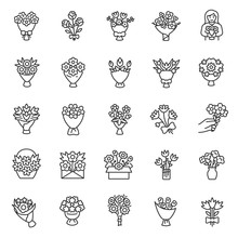 Bouquet Of Flowers, Icon Set. Flower Bouquets, Linear Icons. Making, Packaging, Delivery, And Present Of Flowers. Line With Editable Stroke