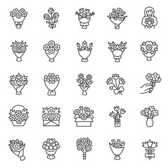 Wall Mural - bouquet of flowers, icon set. flower bouquets, linear icons. making, packaging, delivery, and presen