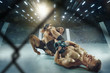 © master1305 - Hot atmosphere. Two professional fighters posing on the sport boxing ring. Couple of fit muscular caucasian athletes or boxers fighting. Sport, competition and human emotions concept.