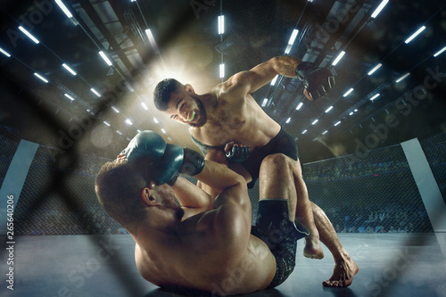 Fototapety MMA  zdobywanie-trofeum-dwoch-profesjonalnych-zawodnikow-pozowanie-na-ringu-bokserskim-sportu-para-dopasowanych-miesni