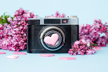 Beautiful Lilac Bouquet And Retro Photo Camera On A Blue Background