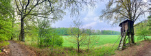 A Large High Seat For Hunting Stands At A Forest Edge. A Panorama Of A Typical Landscape In The Country Brandenburg (Germany).