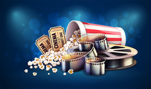 Online Cinema Creative Art Movie Watching With Popcorn, Tickets, Director Clapper And Reel Film-strip Cinematography Concept. Realistic Objects Layout. Blue Background. Vector Illustration.